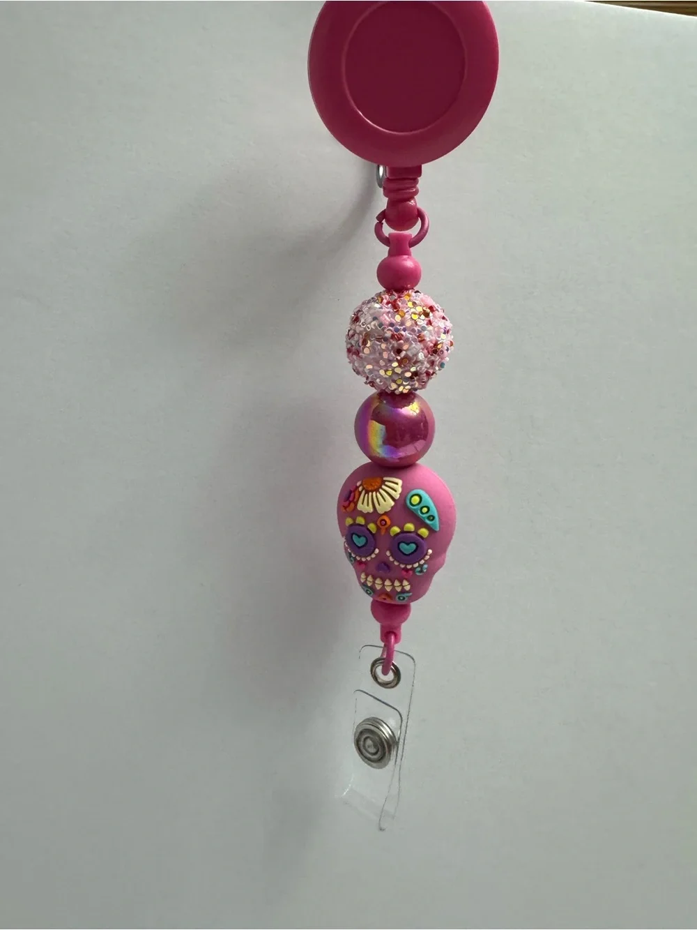 Pink Beaded Charm Pen, Keychain, and Badge Reel Set